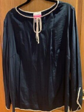 Sully Bonnelly Accents 100% Silk Navy Blue White Trim Tunic Blouse Sz: 20W